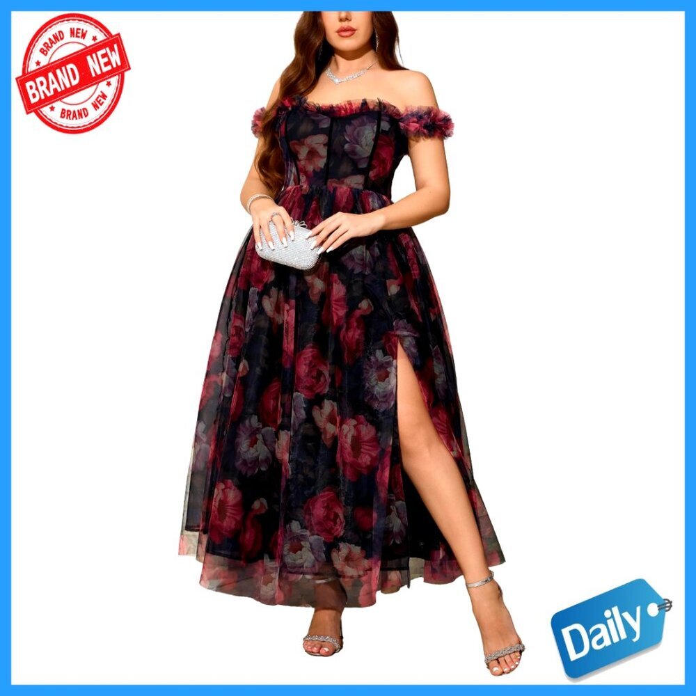 Plus Size Off Shoulder Floral Tulle Maxi Dress Elegant Formal Cocktail Gown